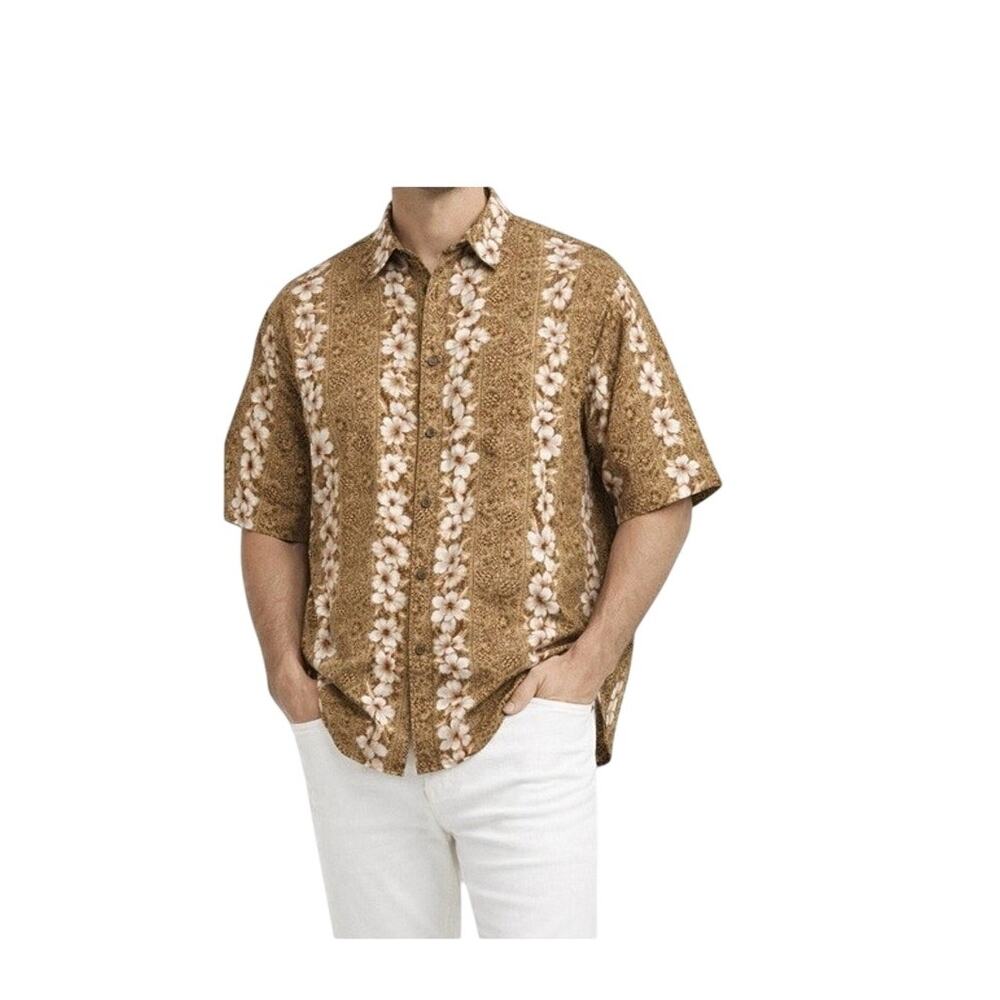 Puritan Shirt Mens Size 2XL Hawaiian Beige Floral Button Up Short Sleeve Collar